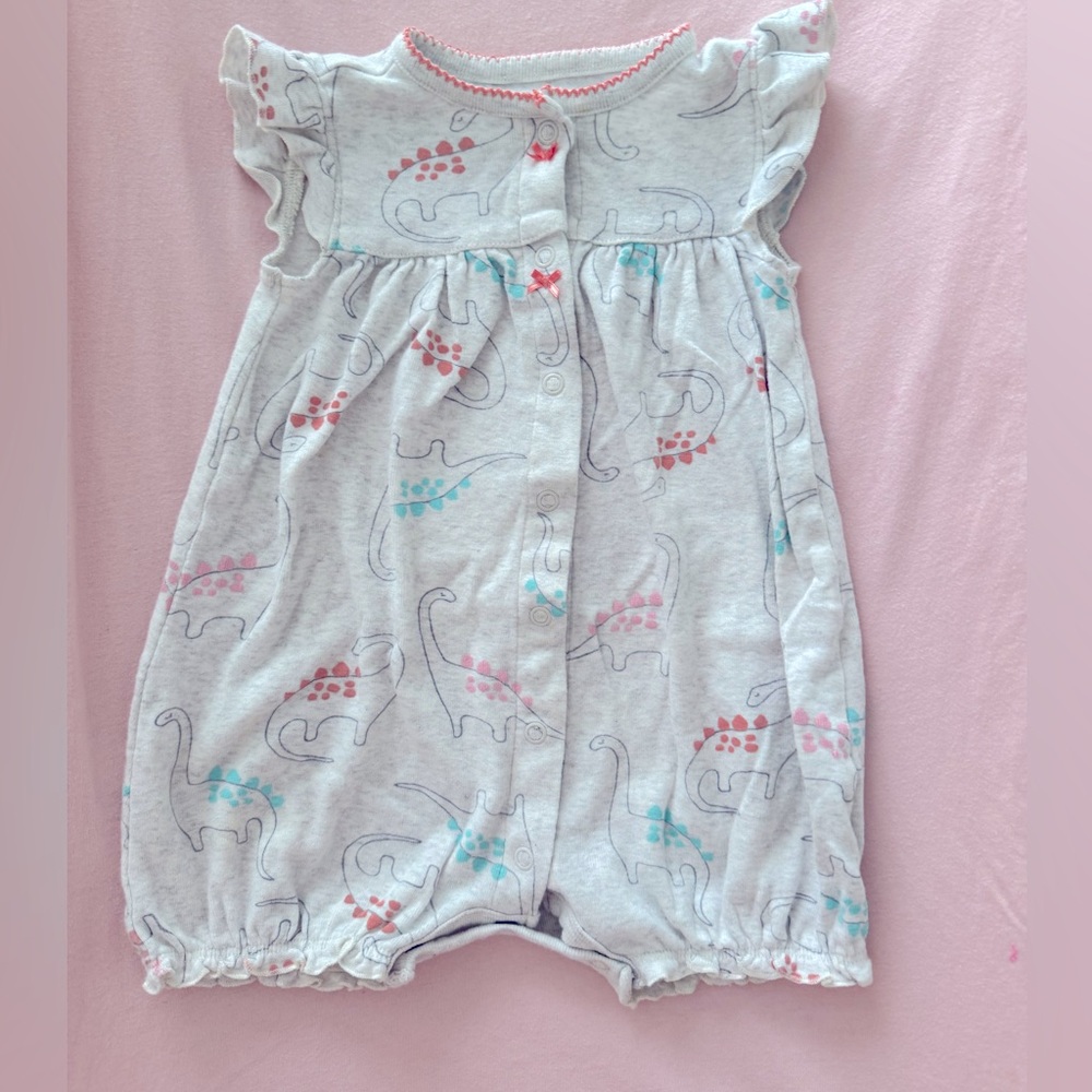 Carter’s 12m light grey romper/onesie baby girl with dinosaur print.